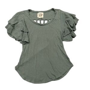 Chaser Short Sleeved Ruffle Sleeve Tee With Cut Out Detail on Back